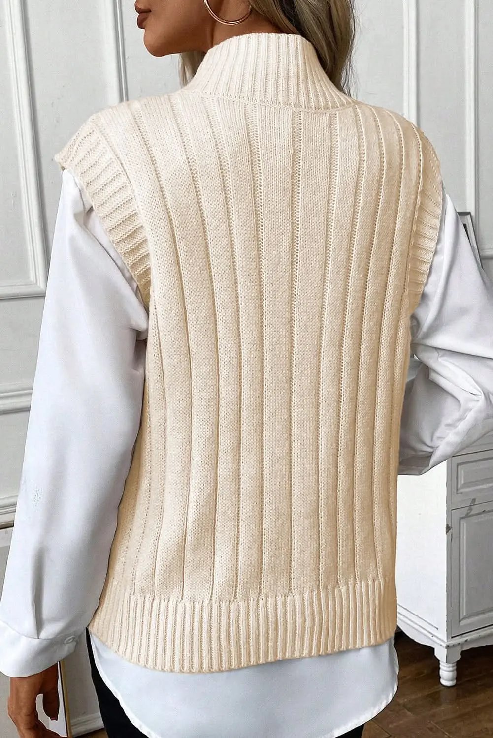 Oatmeal Cable Knit High Neck Sweater Vest - Love Salve